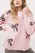 Bow Pattern Round Neck Loose Fit Sweater for Women