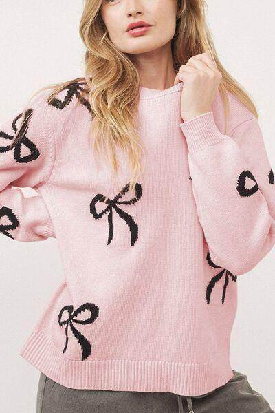 Bow Pattern Round Neck Loose Fit Sweater for Women