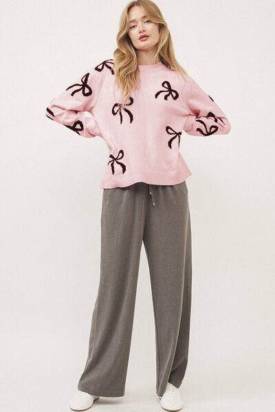 Bow Pattern Round Neck Loose Fit Sweater for Women