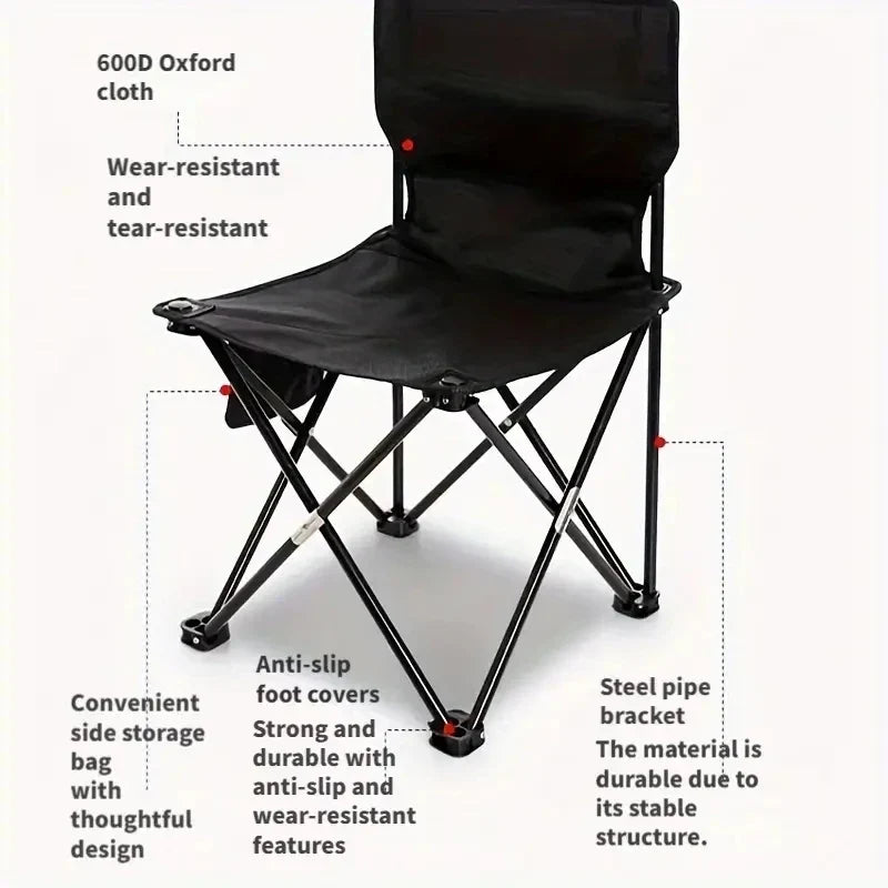 Foldable Camping Chair with Side Pocket Black