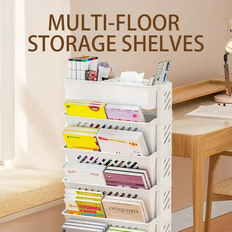 Movable Floor-Mounted Bookshelf with Wheels