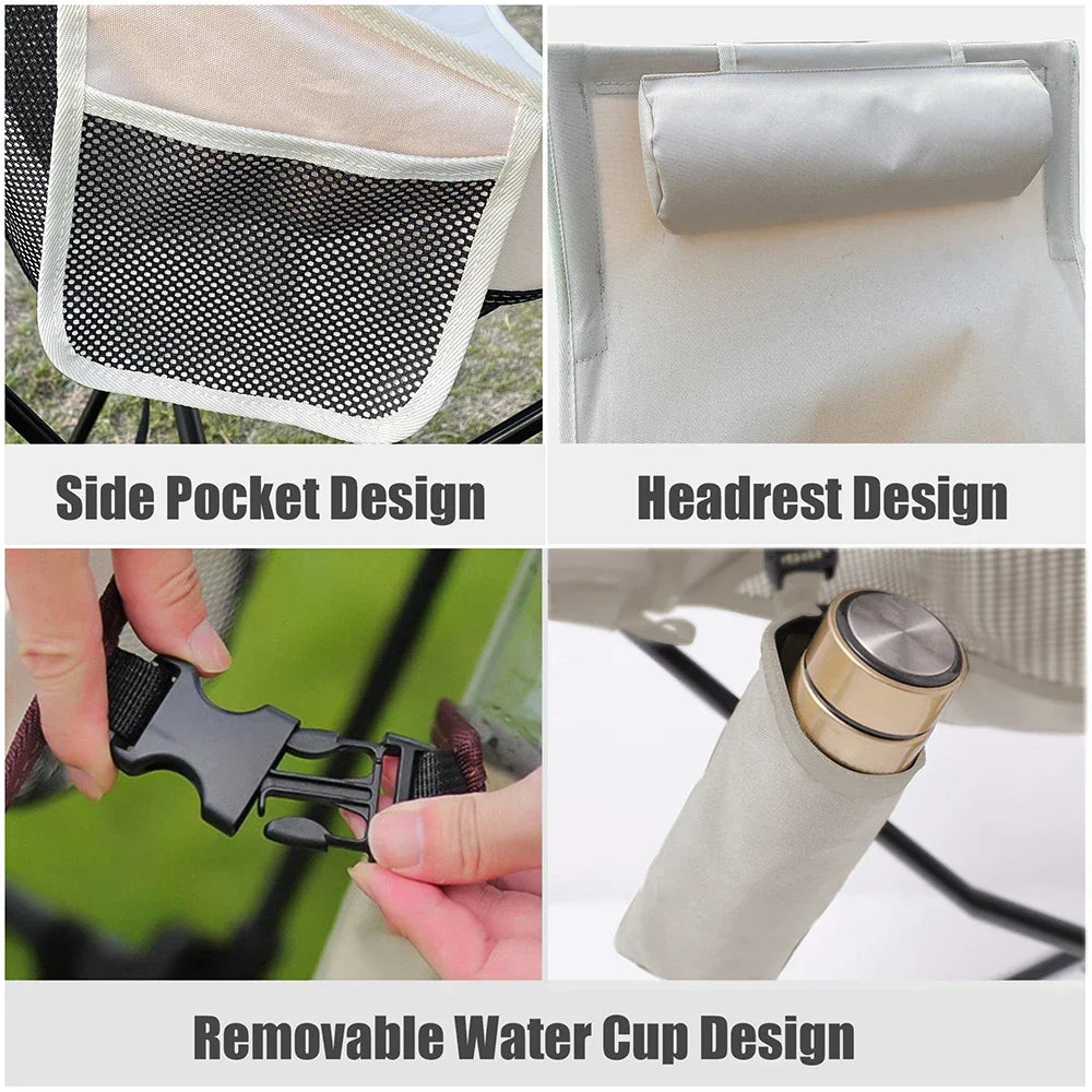 Portable Folding Camping Chair with Headrest Aluminum Beige