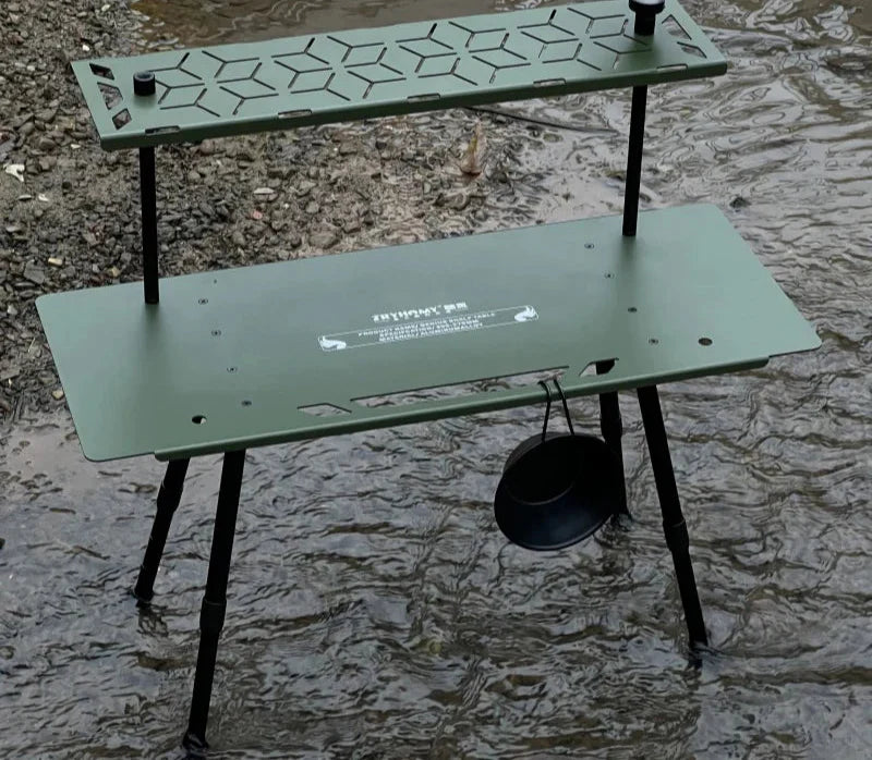 One-Tier Camping Shelf Table Tactical Aluminum Alloy Storage Rack Army Green