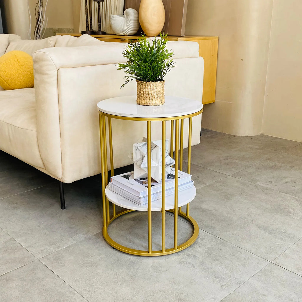 Round Marble Accent Table - Gold Frame, 2-Tier Nightstand