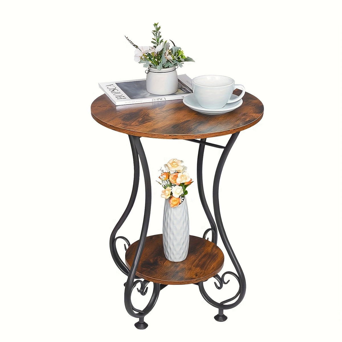Retro Round Side Table with Bookshelf Storage