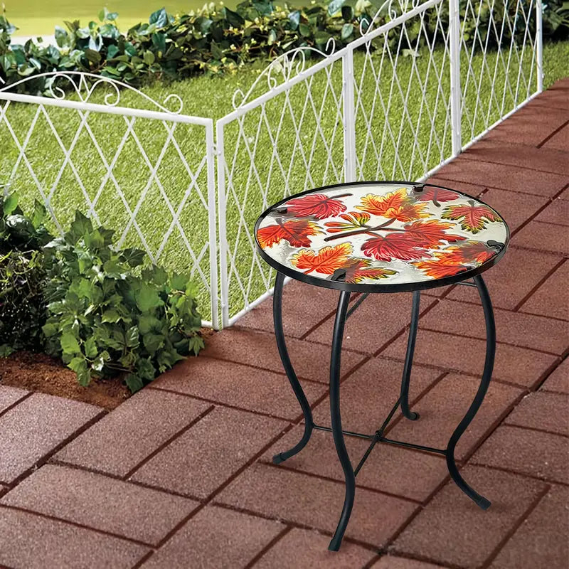 Outdoor Mosaic Side Table with Printed Maple Leaf Glass Top
