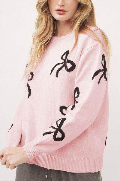Bow Pattern Round Neck Loose Fit Sweater for Women