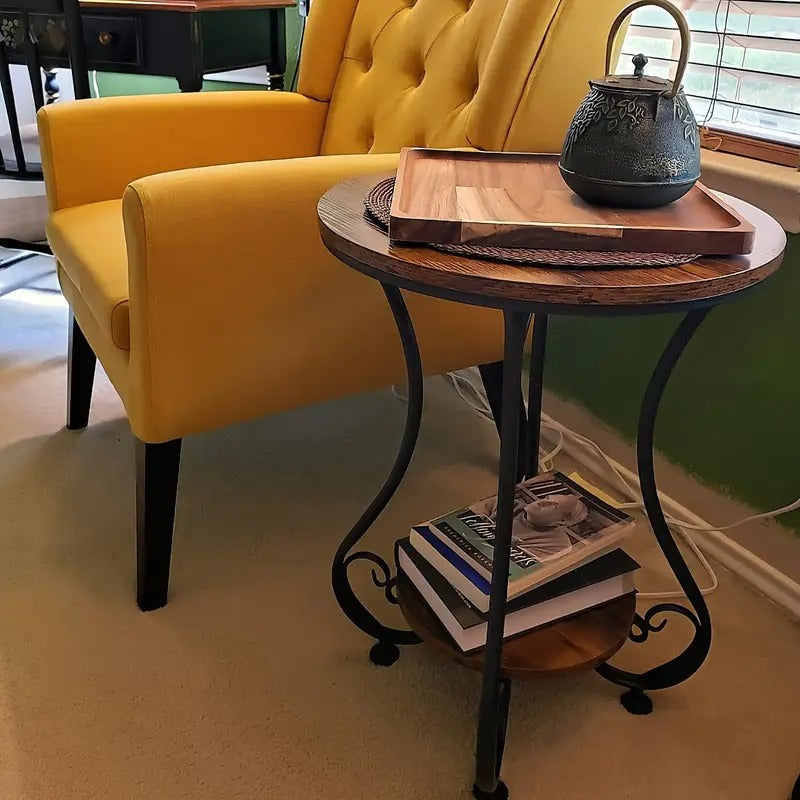 Retro Round Side Table with Bookshelf Storage
