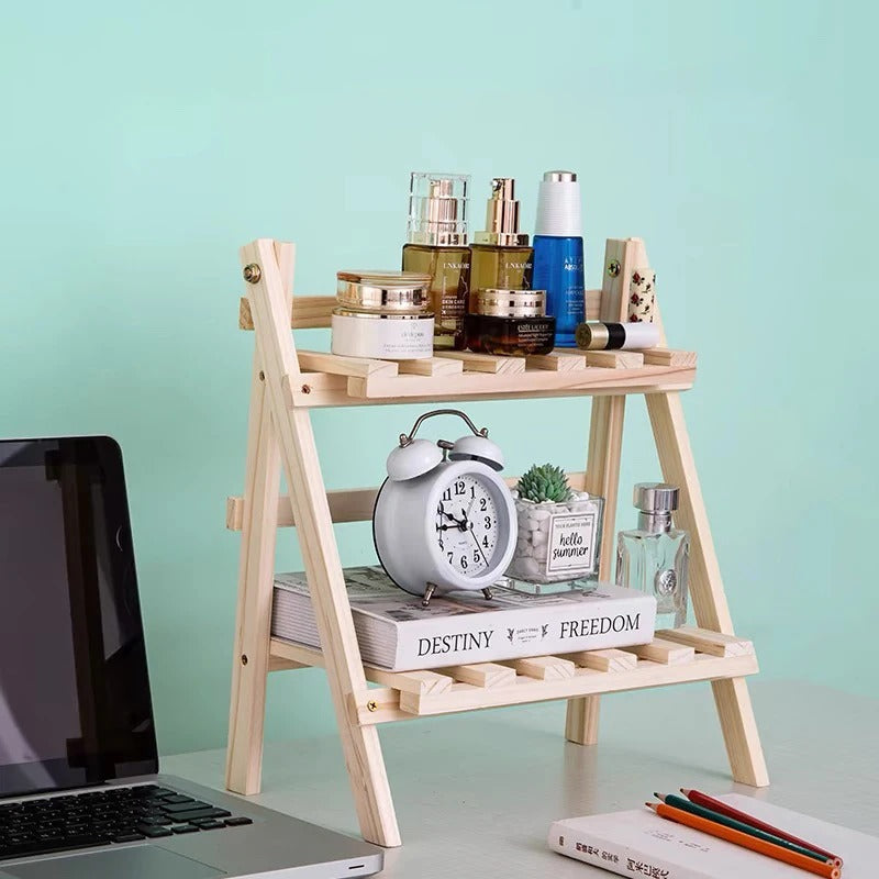 Wooden Desktop Storage Rack Double Layer Folding Shelf